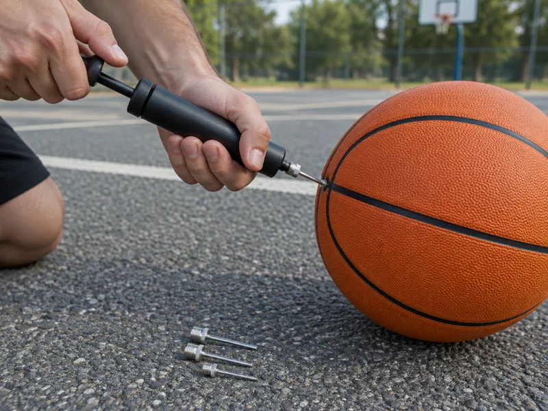 Portable dual-action sports ball pump with needles