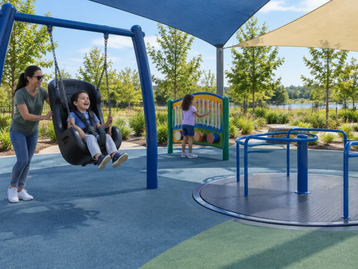 Illustration: a parent pushes a child in an adaptive high-back swing next to a ground-level merry-go-round on rubber surfacing