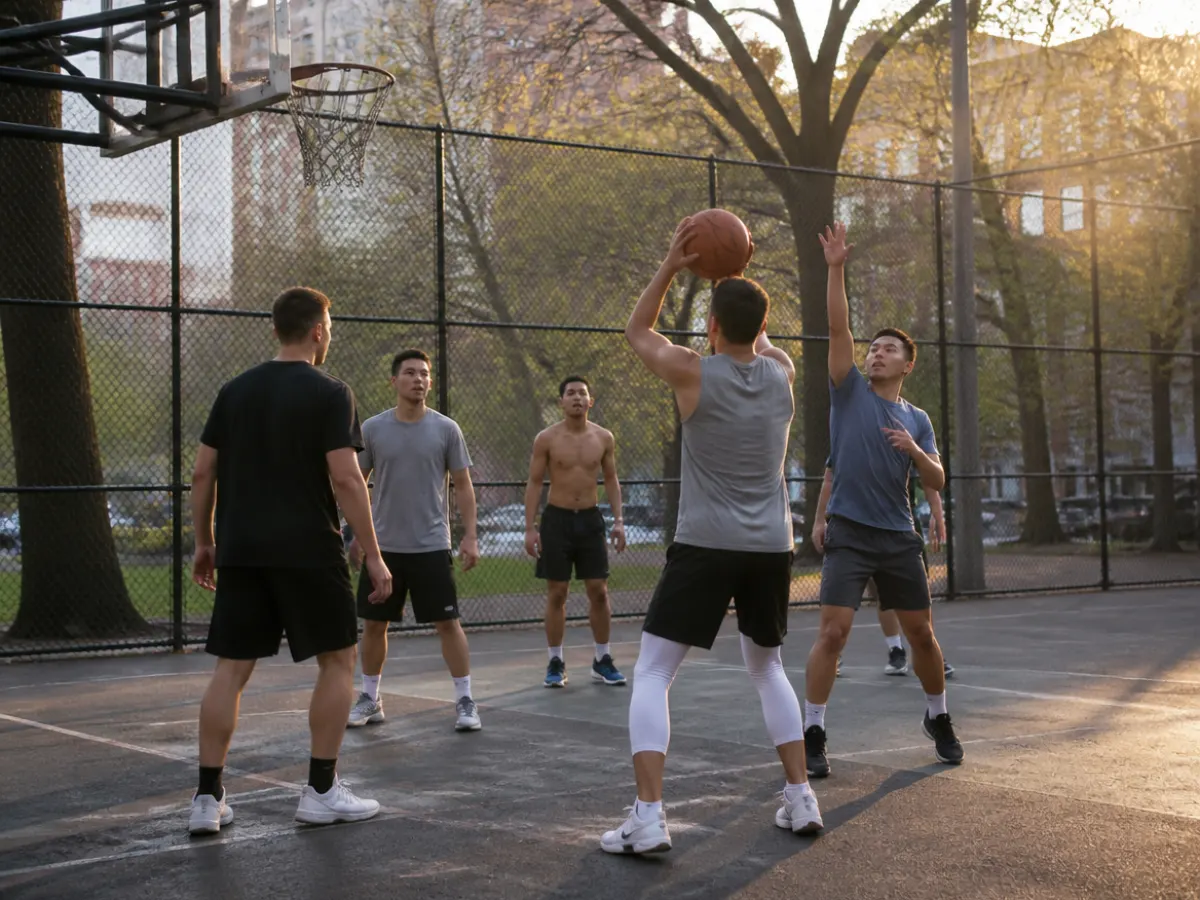 Illustration: a pickup basketball game on an outdoor court in a city park with chain nets, late afternoon
