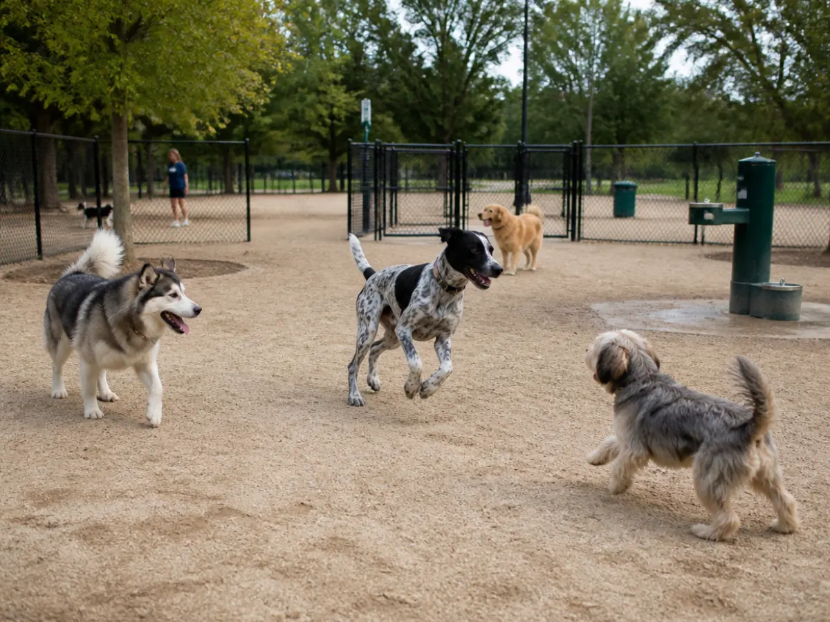 Illustration: dogs of different sizes playing off leash inside a fenced public dog park with a double entry gate and a water station