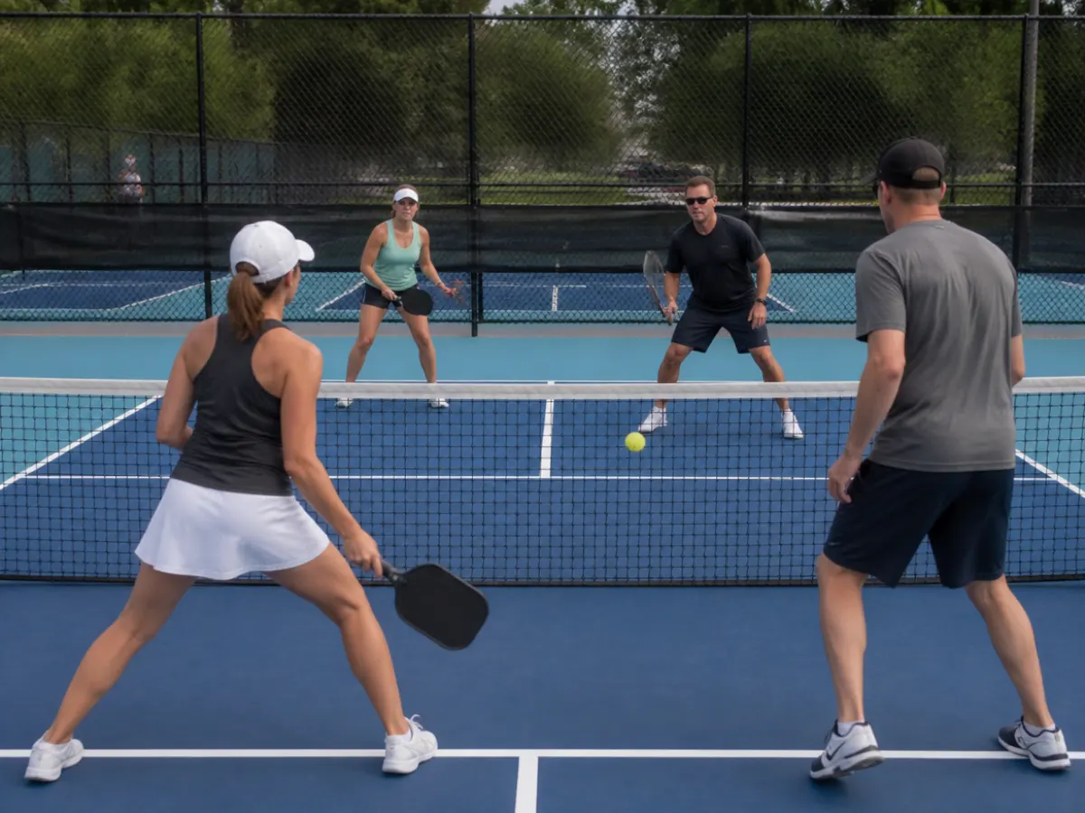 Illustration: four adults playing doubles on blue outdoor pickleball courts in a public park