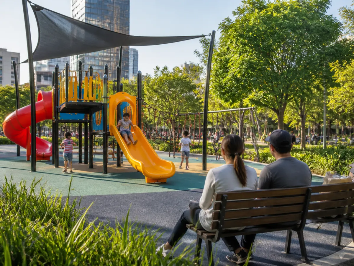 Illustration: kids playing on a colorful public playground with slides and a shade sail in a city park while parents sit on a bench