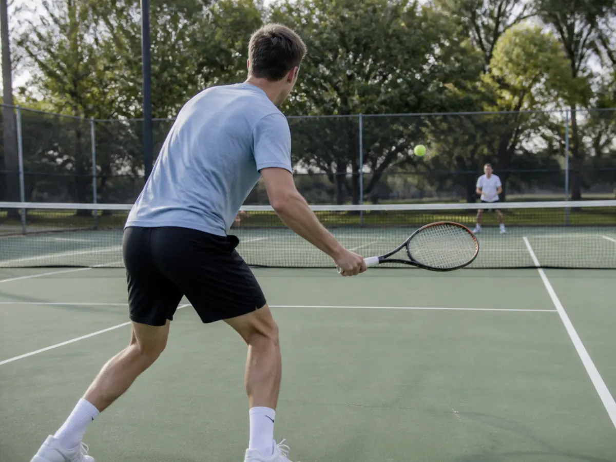 Illustration: two players on green public hard tennis courts with a fence and trees in a park